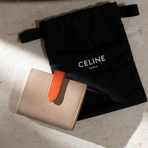 Celine Small Strap Bicolor Compact Wallet Beige/Orange w/ Entrupy COA
